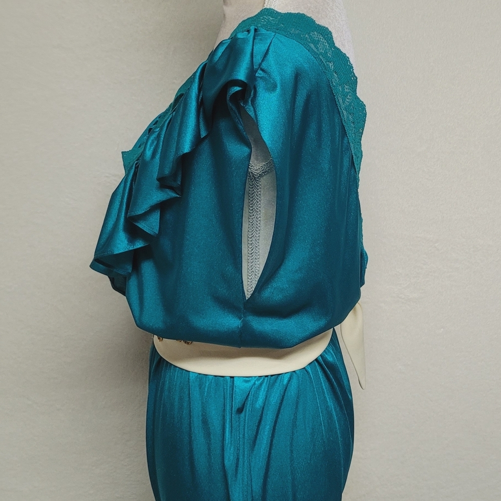 70s Vintage Lady Cameo Dallas Turquoise Lace Plunging Neckline Belted Jumpsuit M - Picture 9 of 14